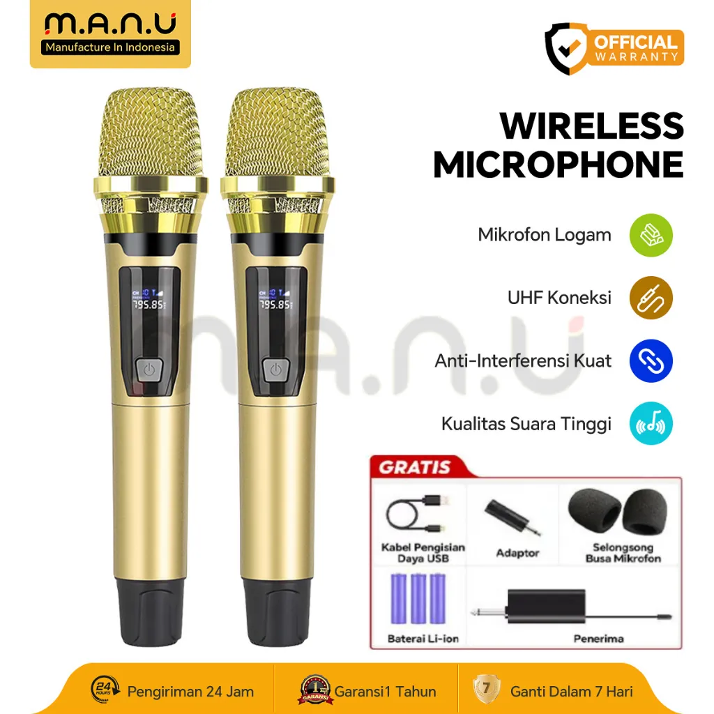 [2 Mic] Manu Wireless Microphone UHF--Jarak 100m, Anti Interference, Baterai 8 Jam Profesional Nirkabel MIC Karaoke Vocal Suara Terbaik Dual Handheld Mikrofon Digital Tanpa Kabel Mikrofon Dengan Baterai Charger