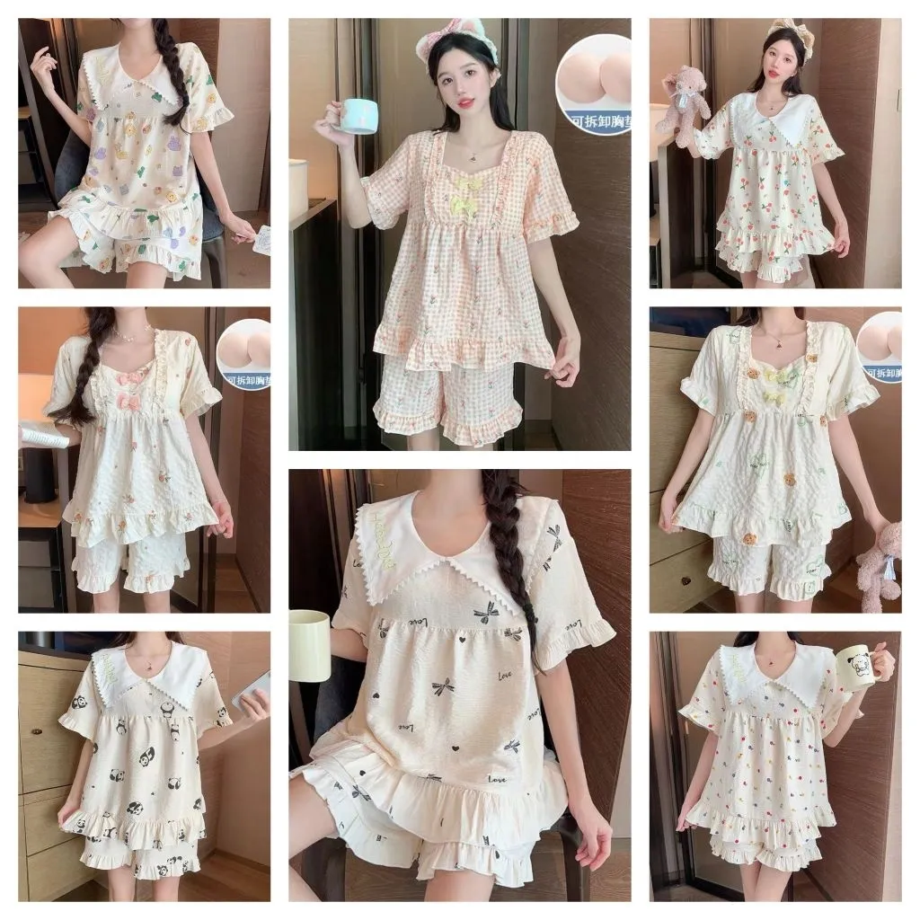 Setelan piyama renda pita premium/Piyama setelan renda wanita