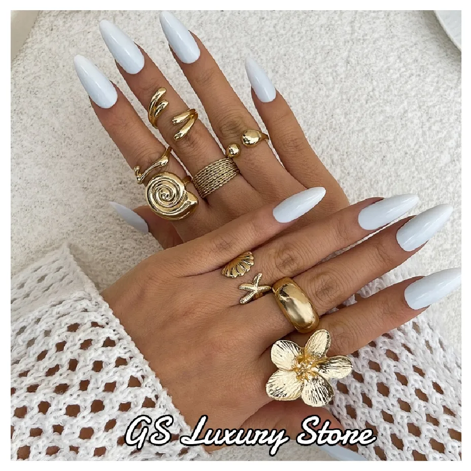 8 Pcs/Set Cincin Fashion Emas Gaya Retro Bohemian Aksesoris Rantai Silang Berongga Cincin Punk Paduan Seratus