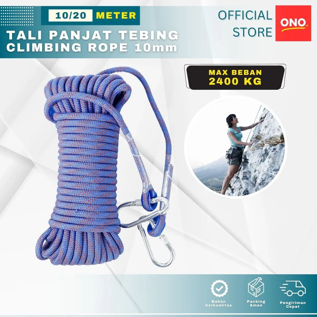 ONOID Tali Panjat Tebing 10M 20M Climbing Rope Paracord Steel Buckle Carabiner 10 20 Meter 10mm