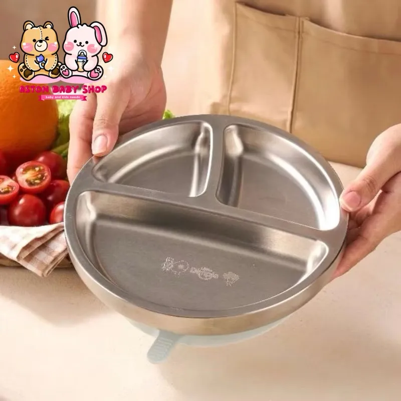 Little Dimple Pure Plate Stainless Suction Plate - Piring Makan Anak - Piring Sekat Stainless dengan Suction
