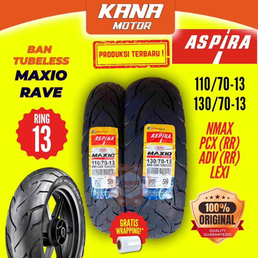 BAN LUAR TUBELESS ASPIRA MAXIO RAVE 110/70 130/70 R13 RING 13 NMAX ADV PCX LEXI ORIGINAL
