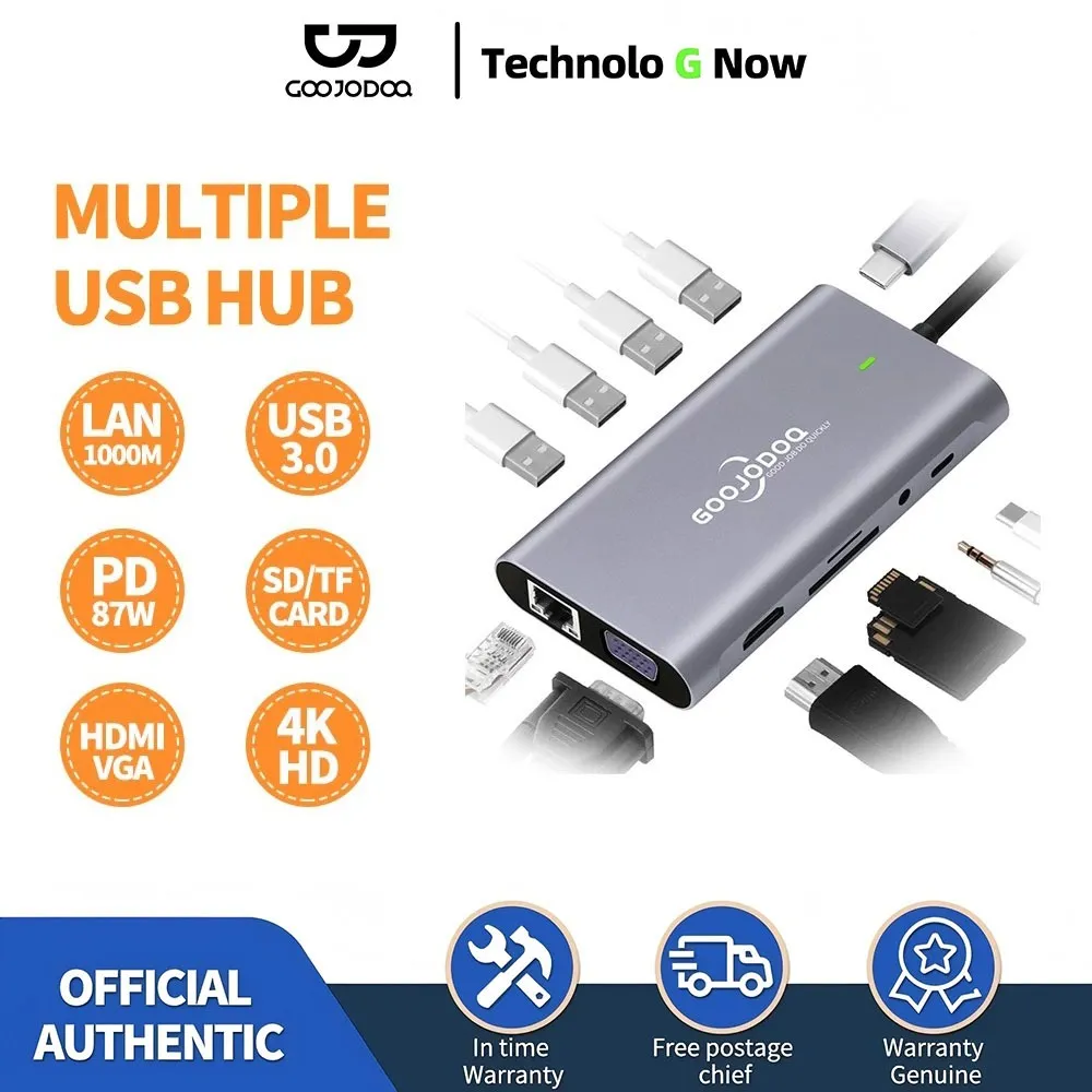 Goojodoq 11 In 1 USB C HUB Laptop Docking Station untuk Dell HP For MacBook Pro Tipe C Dock HD PD 3.0 USB RJ45 VGA PD AUX TF/SD Card Reader
