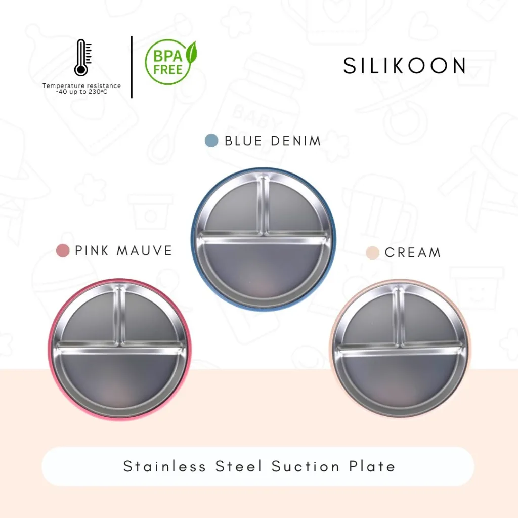 SILIKOON Premium Stainless Steel Silicone Suction Plate - Piring Tempat Makan Silikon Anak Bayi Anti Tumpah