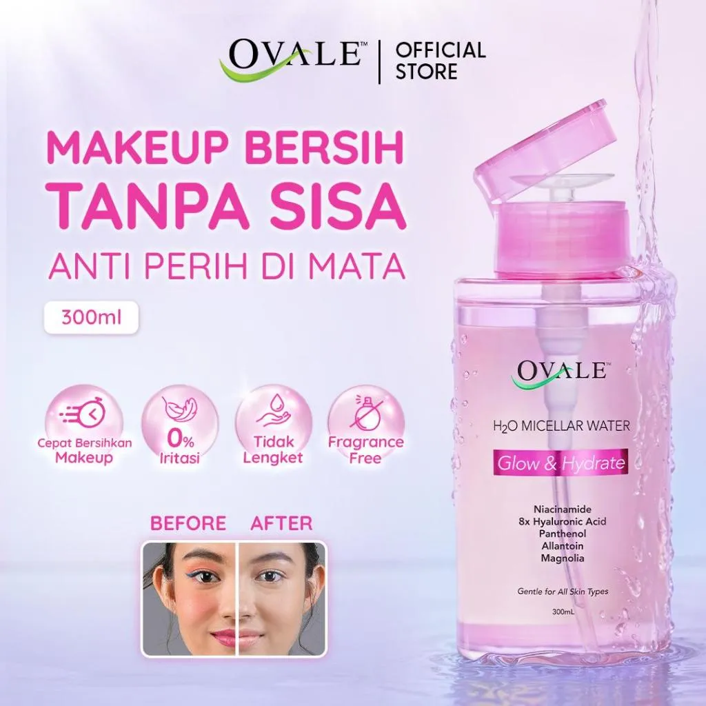 [NEW LAUNCH] Ovale H2O Glow & Hydrate Micellar Water Makeup Waterproof Remover Pembersih Wajah 300ml Niacinamide Hyaluronic Acid Kulit Kusam Cerah Glowing Hydrate Bersih