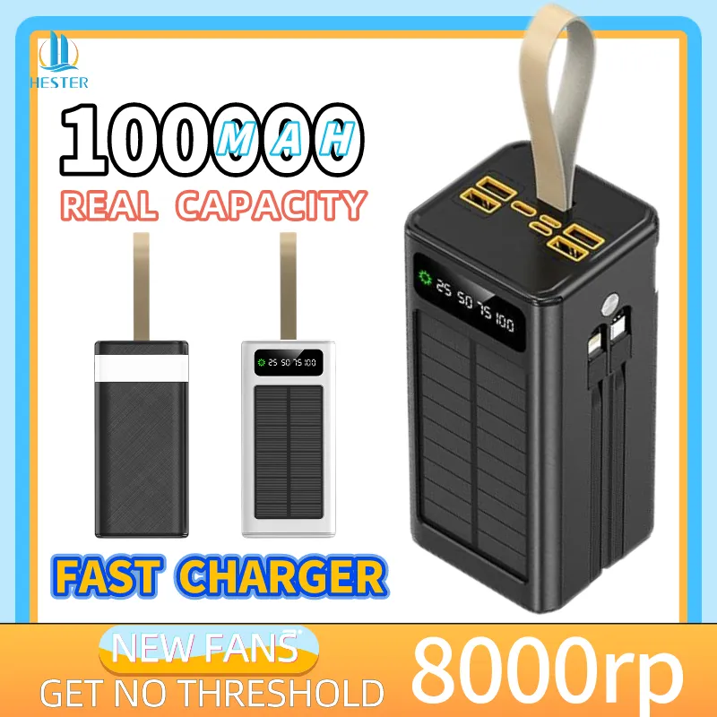 HESTER 100000mah solar power bank powerbank fast charging power bank 100000mah power bank tenaga surya case powerbank 4 baterai built in 4 cable led lampu