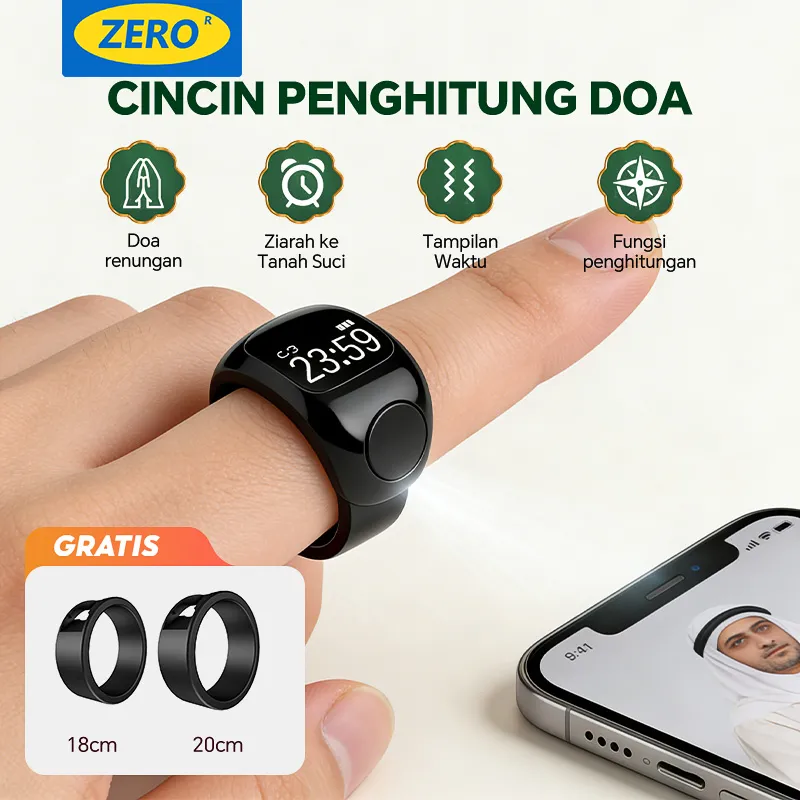 Smart Zikri Ring Cincin Tasbih Digital Bluetooth Lite Ukuran kecil 18mm, 22mm LCD Display Penghitung Doa Elektronik Original