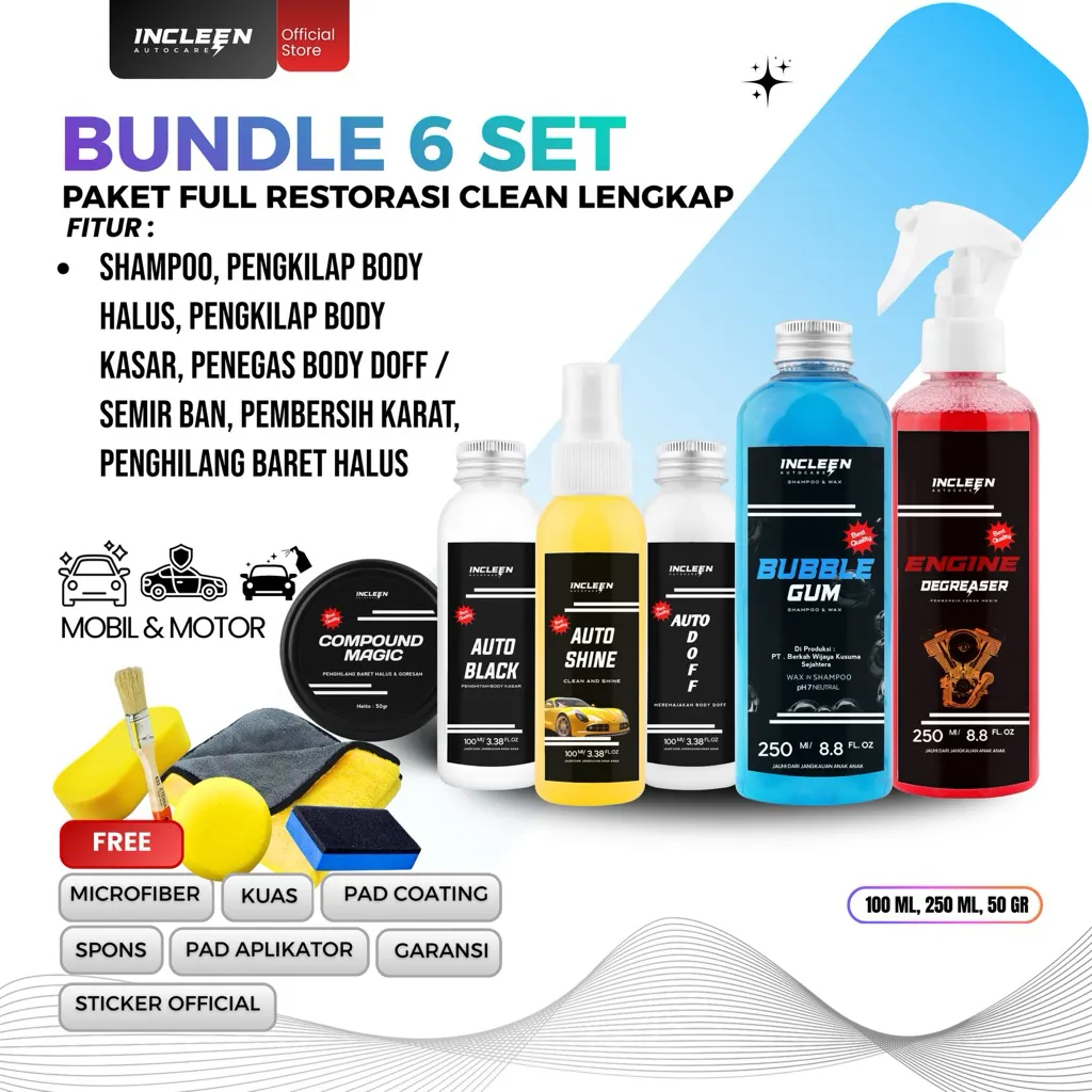 PAKET CUCI LENGKAP PENGKILAP PEMBERSIH PERAWATAN KENDARAAN 6 BOTOL by INCLEEN AUTO CARE