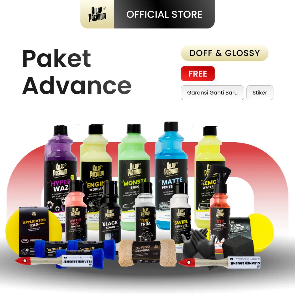 Paket Perawatan Motor Lengkap Advance | Kilap Premium - Perawatan Detailing Motor Mobil, Penghitam Motor, Pengkilap Motor, Pembersih Jamur Kaca, Shampoo Motor, Perawatan Kendaraan, Mikrofiber, Kuas Pembersih Mesin