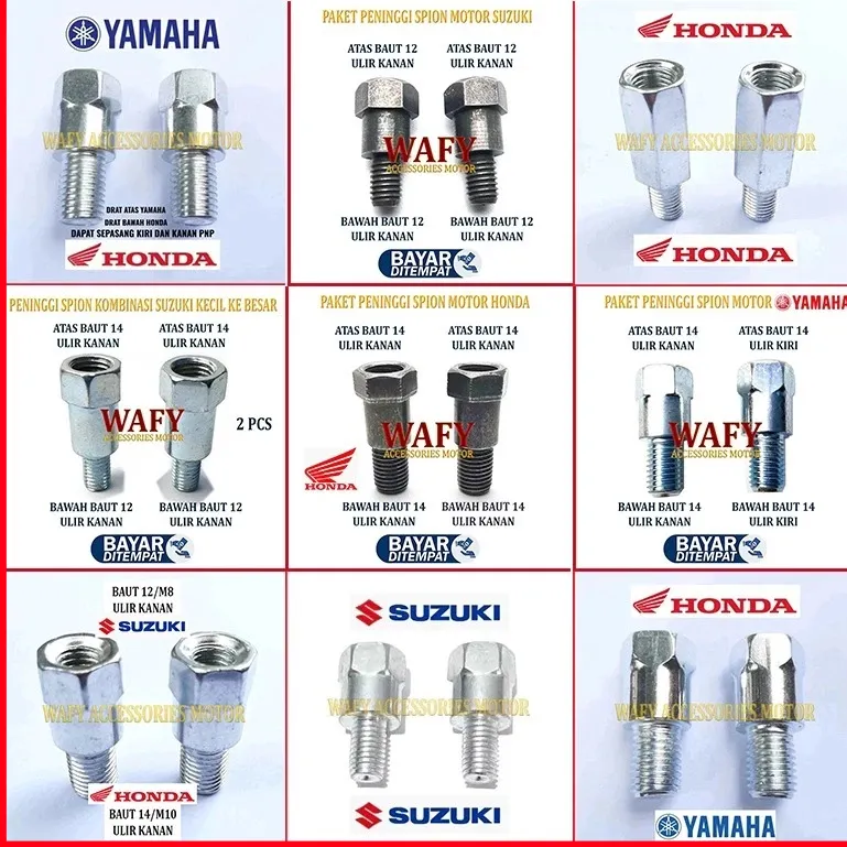 Paket Isi 2 -  Peningi Spion Honda ke Honda Peninggi Kaca Spion Honda 1 Set - Baut Sambungan Kaca Spion Motor 2 Pcs Adaptor Spion Semua Motor