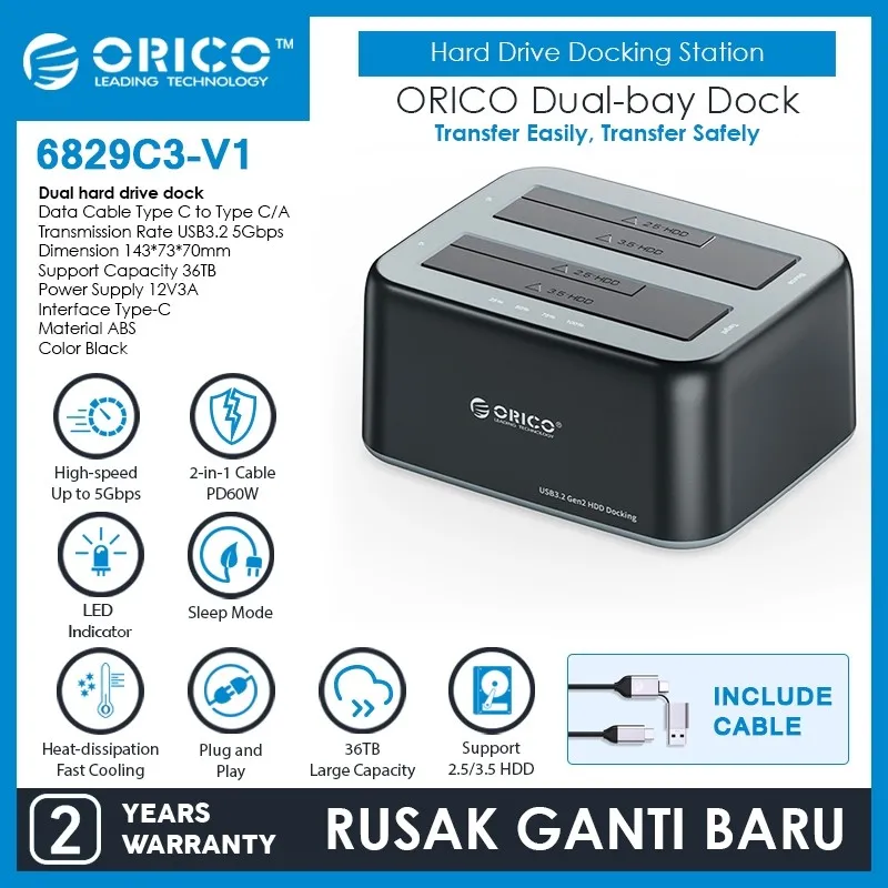 ORICO 2.5"/3.5" SATA HDD/SSD Dual-bay Dock - 6829C3