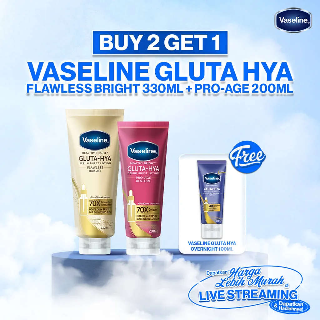 [BUY 2 GET 1] Buy Vaseline Gluta Hya Flawless Bright 330ml and Vaseline Gluta Hya Pro Age 200ml FREE Vaseline Gluta Hya Overnight 100ml