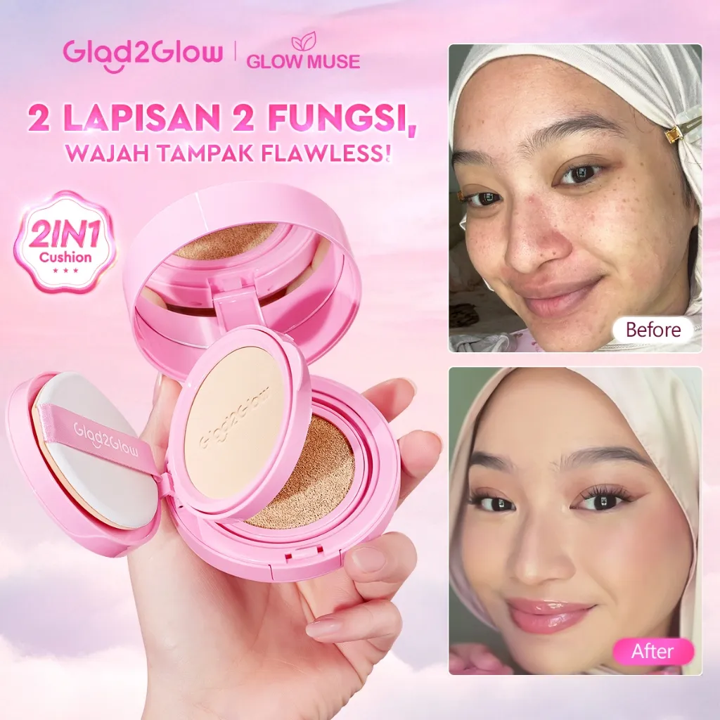 [100% ORI]Glad2Glow 2in1 Perfect Pair Cushion Powder Foundation Waterproof Make Up Setting BB Cream Tahan Tahan 12Jam Hasil Akhir Glowing Dan Menyatu Dengan Warna Kulit Tekstur Ringan Di Wajah Full Coverage Velvet To Matte g2glow official store