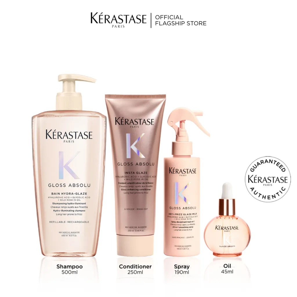 [New Launch] Kerastase Gloss Absolu Glossy Hair Big Complete Set - Bain Hydra Glaze 500ml, Fondant Insta Glaze 250ml, Glaze Drop Hair Oil 45ml, Anti Frizz Glaze Milk 190ml - Shampoo, Conditioner, Hair Oil, Heat Protectant untuk Rambut Glossy dan Bouncy