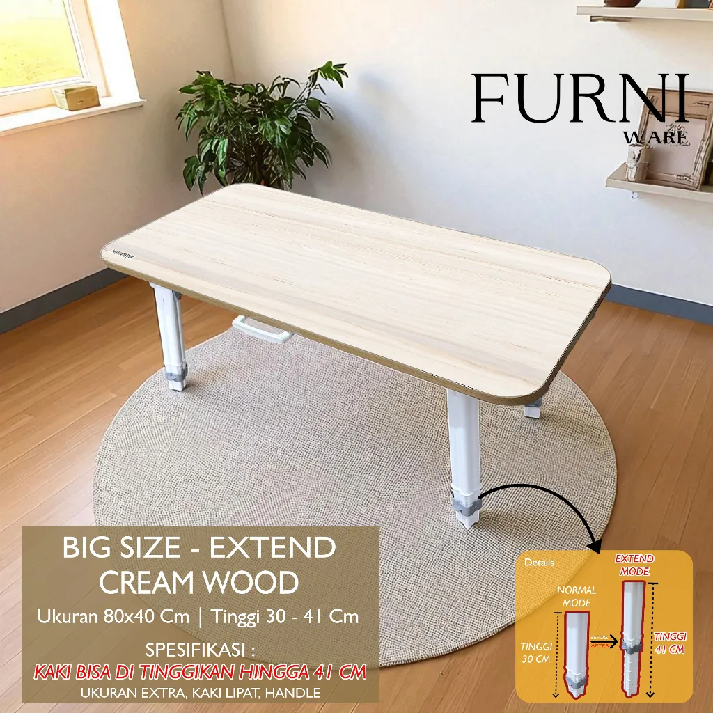 Meja Lipat Jumbo Extendable Import Meja Belajar Portable Meja Laptop Tipe Besar Ukuran 80x40x25 Cm FURNIWARE