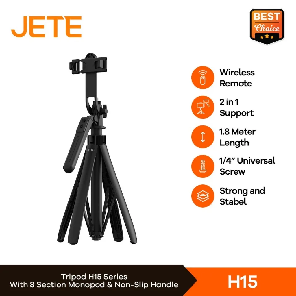 Tripod JETE H15 Tongsis Bluetooth Selfie Stick HP with Remote - Garansi Resmi 2 Tahun