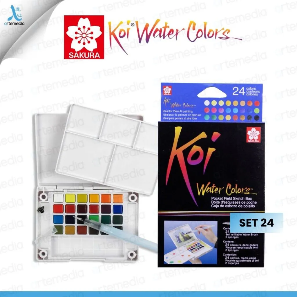 Sakura Koi Watercolor Travel Set 24 Reguler/Iridescent | Pocket Field Sketch Box, Cat Air Pan Portable dengan Palet & Brush | Made in Japan