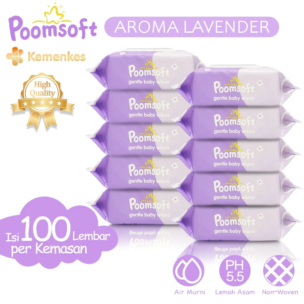 Poomsoft 10 Packs x 100 Lembar Tisu Basah Bayi Lembut Aroma Lavender Bebas Alkohol Disertifikasi Oleh Departemen Kesehatan