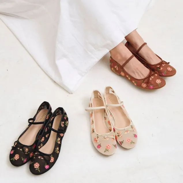 INPACA Lyla Mary Jane Mesh Ballerina Flat Shoes Embroidery Transparent Flower