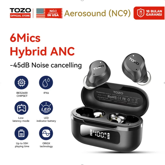 Tozo TWS Sport ANC ENC Waterproof Earphone Bluetooth Aerosound NC9 and Tozo T6S IPX6 IPX8 wireless charging for T6S