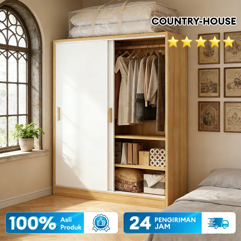 COUNTRY-HOUSE Lemari Pakaian Kayu 2 Pintu Lemari Portable Lemari Pakaian Sliding Swing Door Anti Rayap Lemari Wardrobe Serbaguna Lemari Pakaian Anak Minimalis