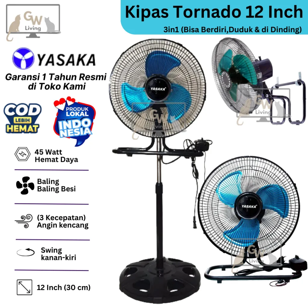 Kipas Angin Tornado Besi 12 inch 3in1 2in1 Kencang Hemat Daya
