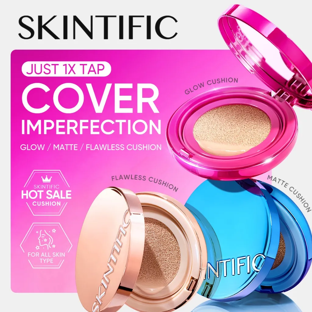 SKINTIFIC -  Cushion Series | Glow Cushion / Matte Cushion / Flawless Cushion |Cocok untuk Kulit Berminyak Berjerawat&Semua Dewy Skin Tint High Coverage Foundation 12H Oil-Control Outdoor Skin-Friendly Makeup Bedak Padat Powder Concealer Official