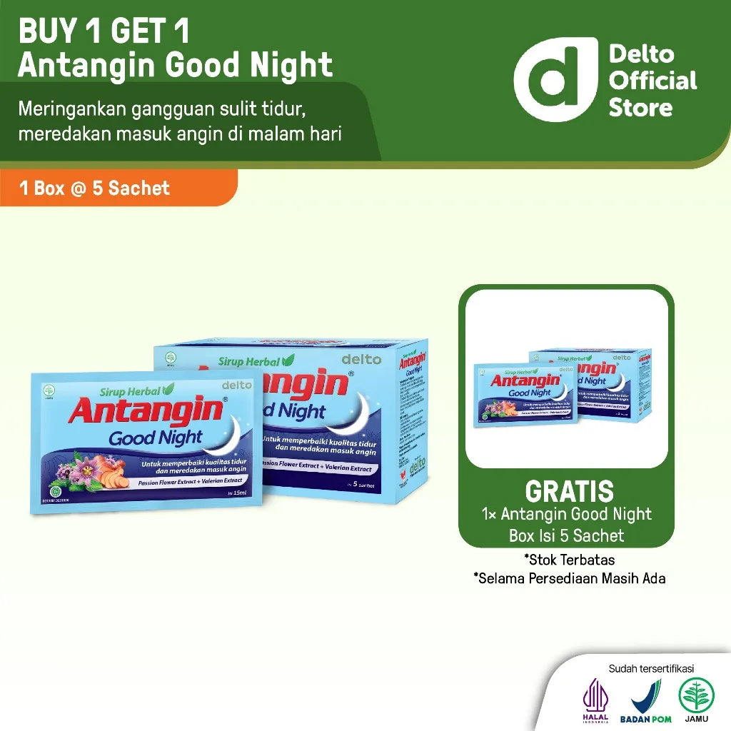 Antangin Good Night Sirup Herbal Box 5 Sachet - Obat Herbal Memperbaiki Kualitas Tidur Meredakan Masuk Angin