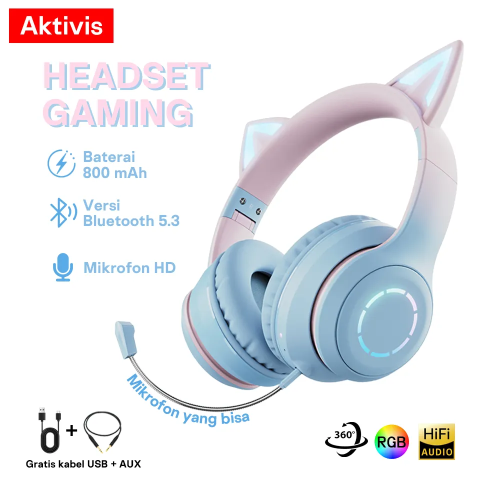 Headphone Nirkabel dengan Bluetooth 5.3 Headphone Gaming Telinga Kucing Headphone Olahraga Headphone Berkabel Pencahayaan RGB 7.1 Channel Headphone Nirkabel Stereo Peredam Kebisingan dan Mikrofon
