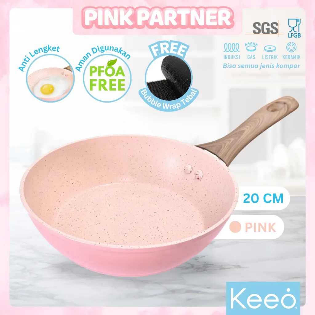 Keeo 20 cm Wajan Wok Teflon Penggorengan Deep Fry Pan Anti Lengket Marble Granit Pink