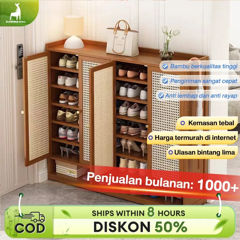 Lemari Sepatu Tertutup Lemari Sepatu Rotan Kayu Rak Sepatu Serbaguna Jaring bernapas