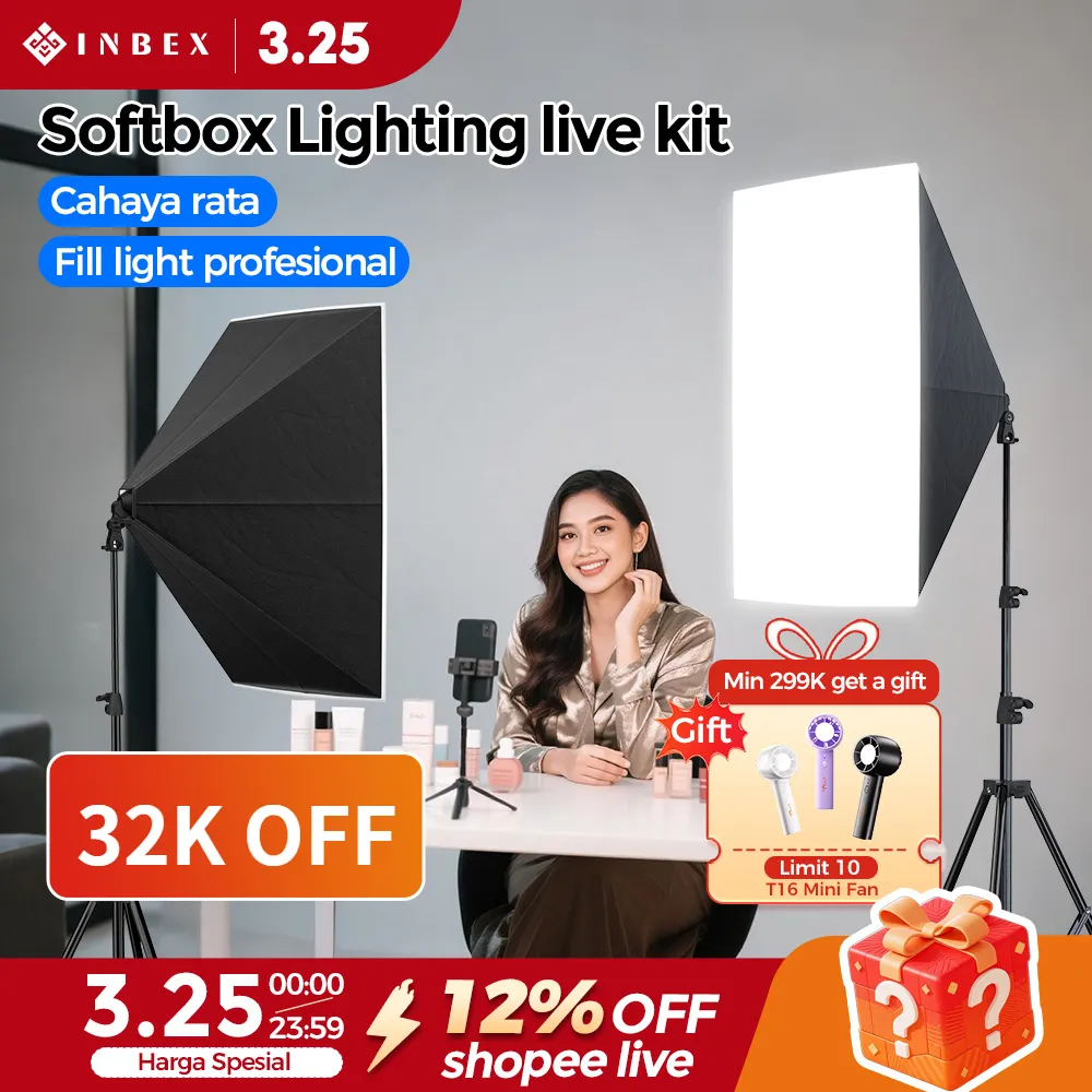 Siap INBEX Cahaya Kreator Pro Softbox Lighting Studio Konten Kreator 3 Warna lampu Kit Professional Pencahayaan live Fotografi Video Konten Ring light