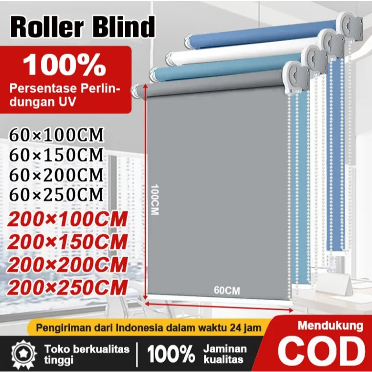 Roller Blind Blackout 100% - Anti UV & Pengatur Cahaya, Anti Jamur Privasi Anda, Desain Minimalis untuk Cocok Kamar Kantor/Tidur, Standar Ukuran & Tersedia Custom