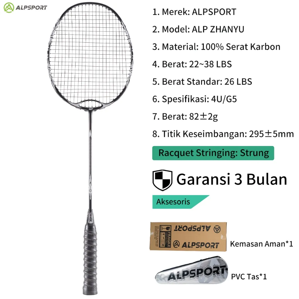 ALPSPORT ZHANYU Power Lock + Rangka Penahan Angin 32LBS 4U G5 Raket BuluTangkis100% Desain Asli T800 Serat Karbon Senar Dan Grip Terpasang Reket Profesional Kelas Turnamen Hitam Didesain Untuk PELAJAR Yang Raket Pemula Rsl Yonex Liling Victor ALP Racket