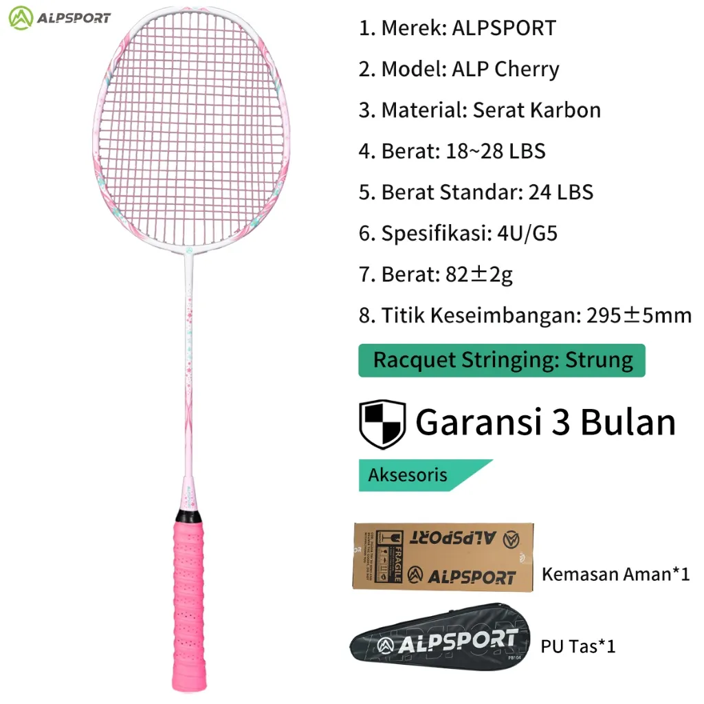 ALPSPORT New Cherry Badminton Racket 100% Serat Karbon Penuh Desain Asli Model Dewi Desain Asli untuk Raket Bulutangkis Anak Perempuan Senar T800 Merah Muda Pegangan Dipasang Reket Merah Muda ALP Raket BuluTangkis Rsl Yonex Liling Victor Racket