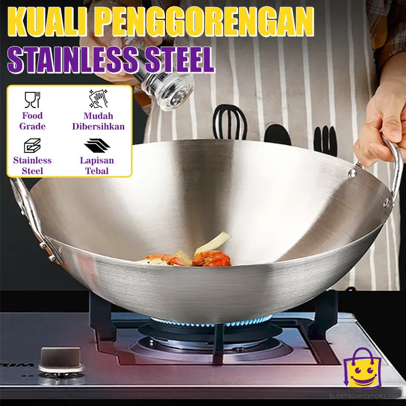 (E.S) Wajan Stainless Steel Putih Kualitas Premium Tebal Ukuran 30cm Wajan Kuali Penggorengan