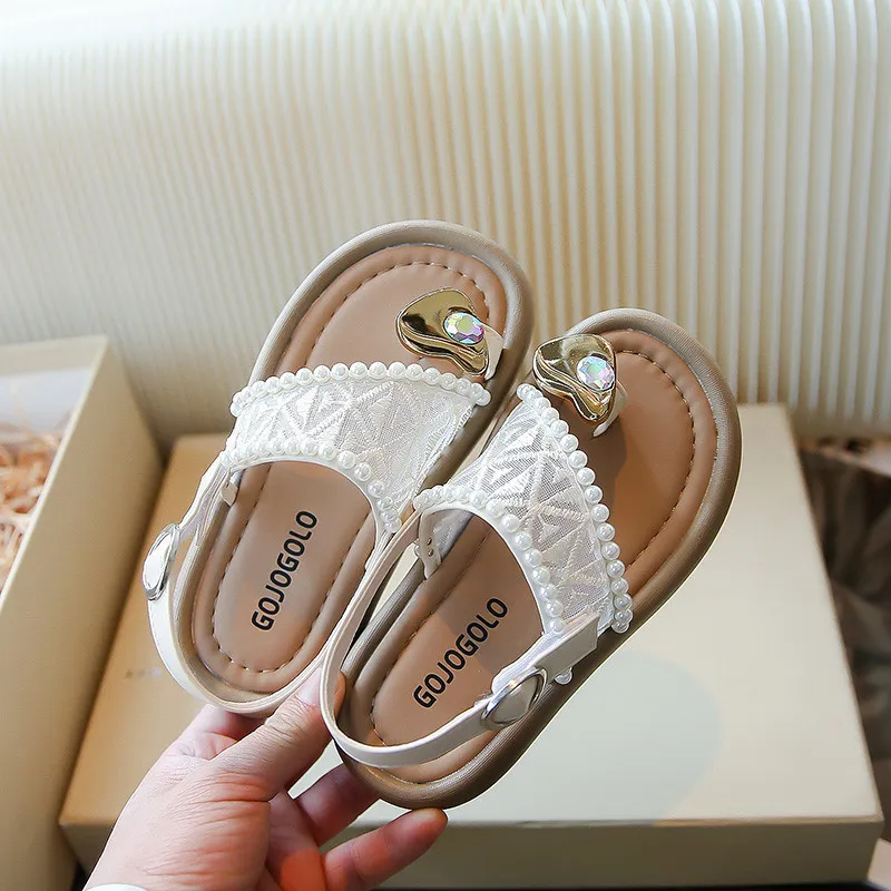 Sandal Anak Perempuan Ujung Terbuka Mutiara Ukuran 26-37 Sepatu Anak Bordir Serbaguna Motif Hati Cinta Sederhana Kait & Lingkar