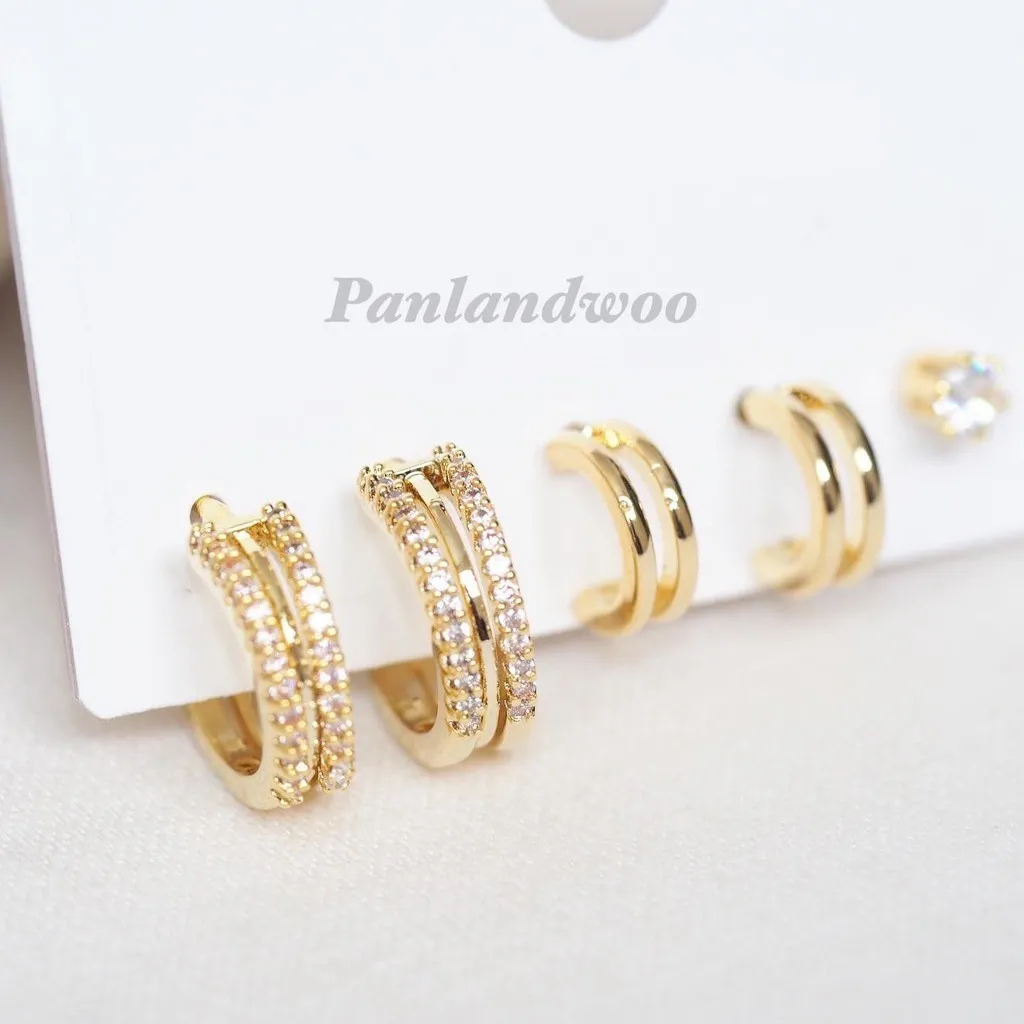 Panlandwoo - Anting Set Rhodium Wanita Diamond Hoop