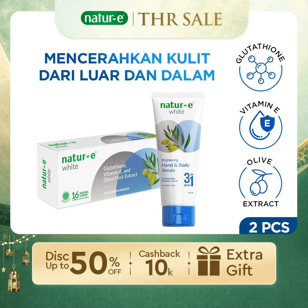 Natur-E Paket Inside-and-Out - White Soft Capsule 16s + Hand & Body Serum 180ml - Skincare & Suplemen Kecantikan Dengan Vitamin E & Glutathione - Membantu Menjaga Kesehatan Kulit dari Dalam