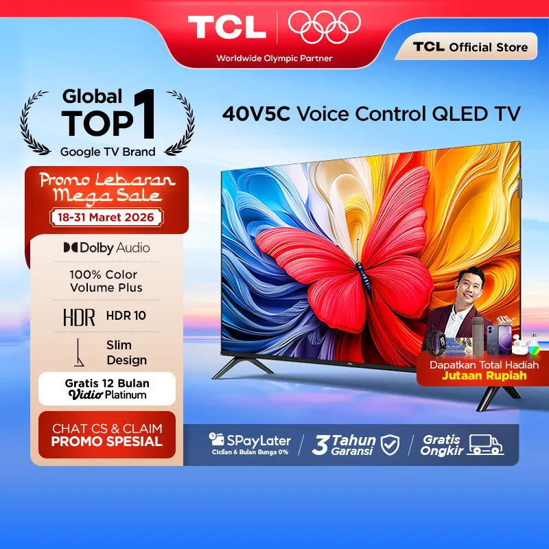 TCL Ultimate QLED FHD TV 40 inch V5C - HDR 10 - Dolby Audio - Google Play/Netflix/Youtube/Disney+Hotstar - Smart Android LED Digital Promo Murah G9 | 32G9 40G9 32(Model: 40V5C)