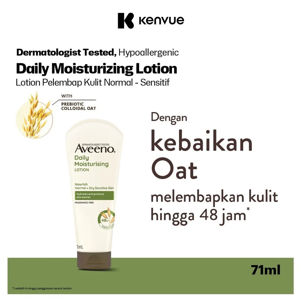 AVEENO Daily Moisturizing Lotion 71ml - Losion Melembapkan Kulit Kering & Sensitif Hingga 48 Jam dengan Prebiotic Colloidal Oat