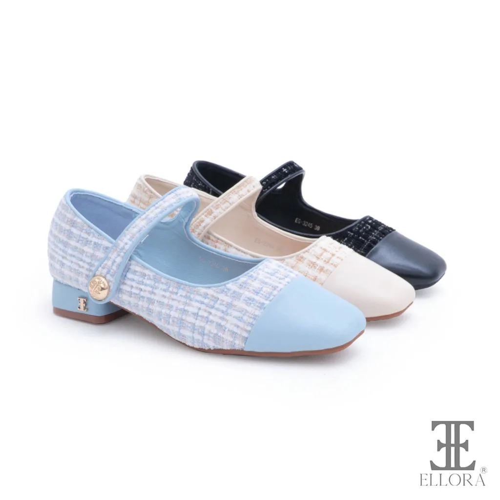 ELLORA EG-3245 Sepatu Wanita Hak Chunky Heels 2.5cm Bahan Tweed