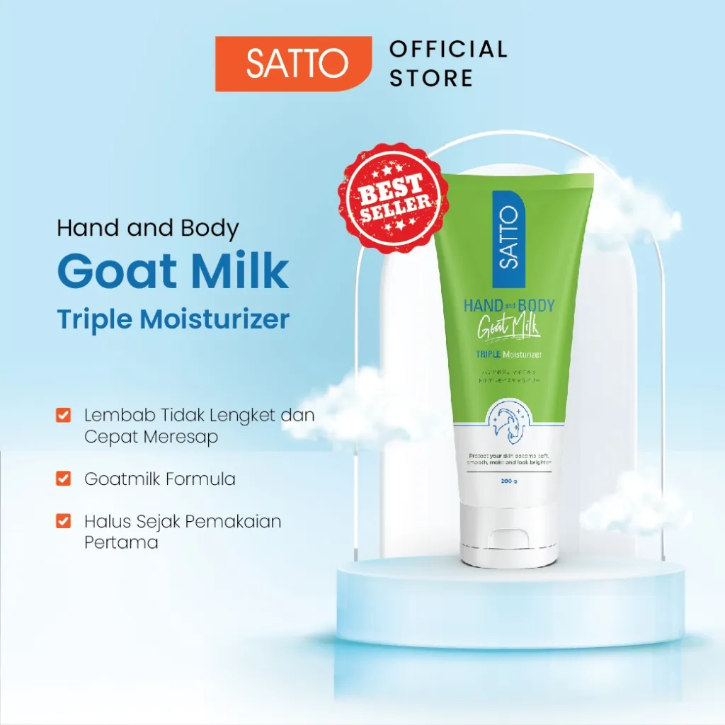 Satto Goat Milk Body Lotion 200g – Lotion Susu Kambing Mencerahkan, Tone Up Whitening, Triple Moisturizer