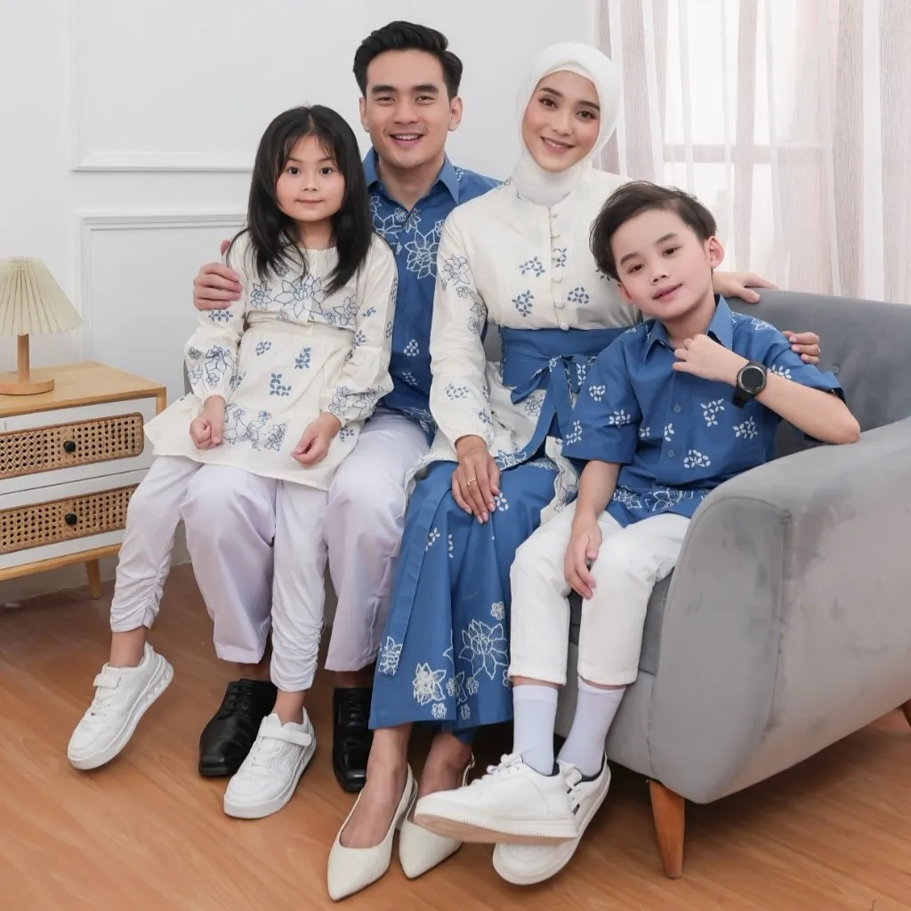 Rayana Couple Batik Family Set Sarimbit Keluarga Atasan Tunik Baju Lebaran Batik Cap Biru Blue
