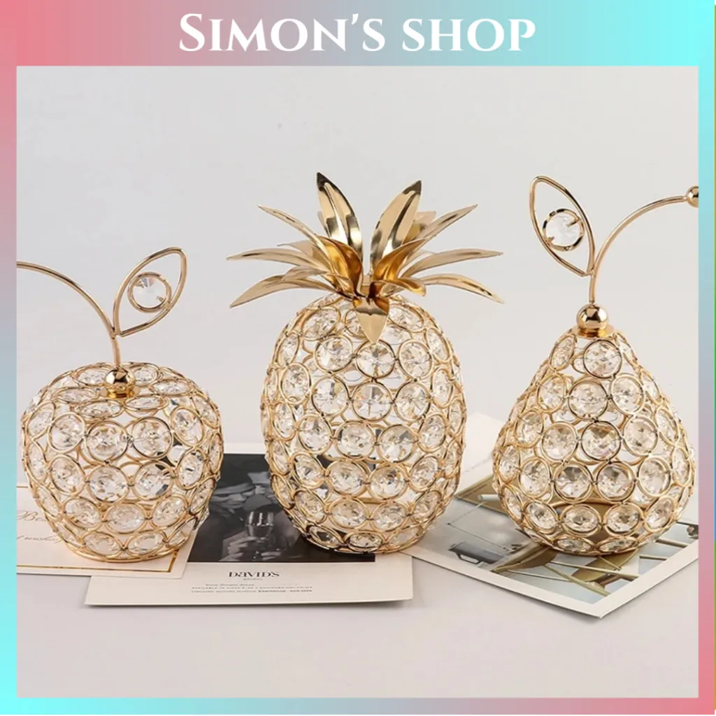 3Pcs Dekorasi Buah Kristal Hiasan Meja Nanas Pir Apel Ornamen Mewah Swarovski Style Bling Bling Buah Kristal Pajangan Ruang Tamu Rumah Kantor Hadiah Elegan