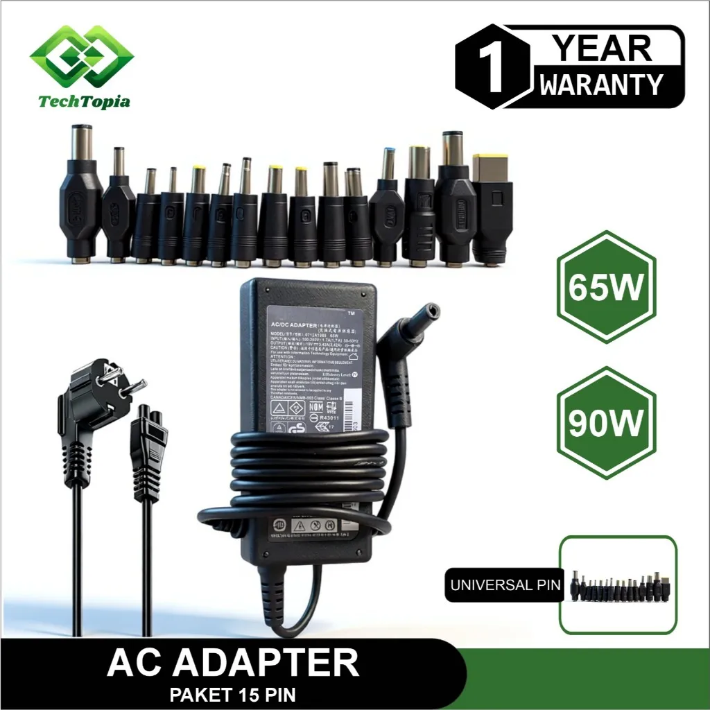 TechTopia Adaptor Charger Laptop Universal DC Connector Pengganti Charger AC untuk Berbagai Tipe