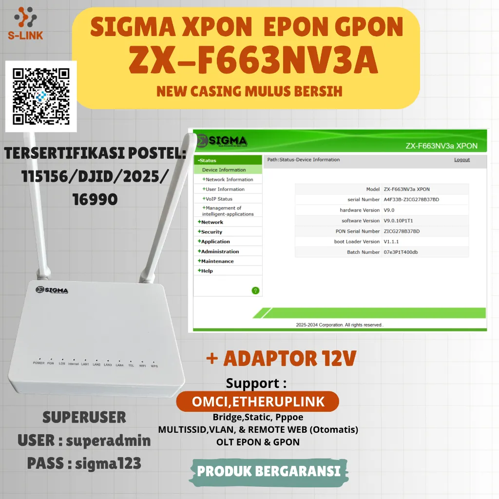 NEW ONT XPON EPON/GPON ZX-F663NV3A OMCI DENGAN ADAPTOR