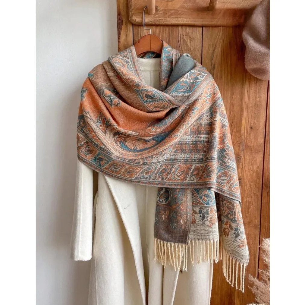 Syal Wanita Reversible Paisley Pattern Cashmere Pashmina Shawl