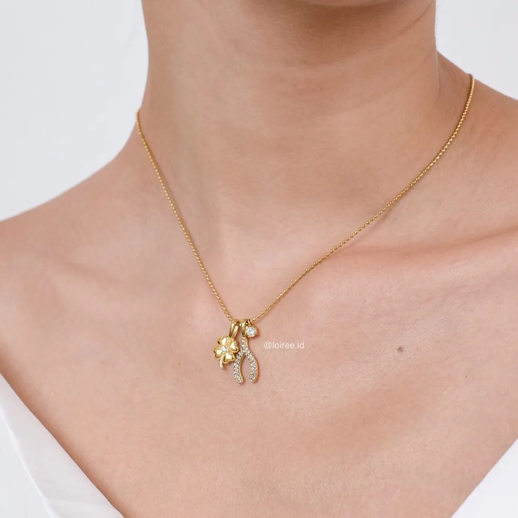 LOIREE - LUCKY WISHBONE Flower Pendant Necklace - Gold Plated Anti Karat Anti Alergi