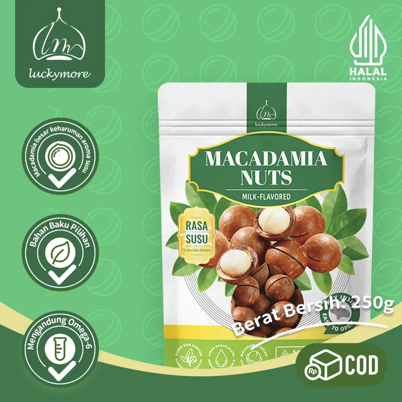 Luckymore Kacang Macadamia Rasa Susu 250gr - Kacang Kenari Australia Halal Segar Gurih Renyah COD Aman
